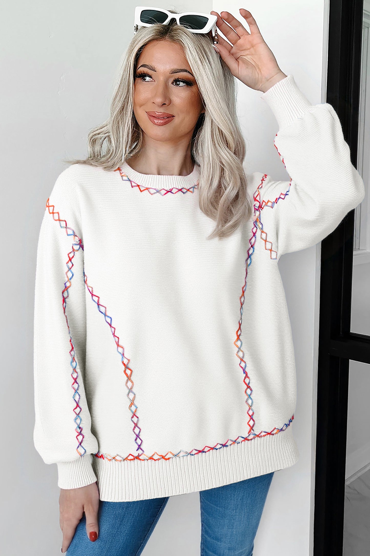 Orchid Bouquet Rainbow Stitching Balloon Sleeve Relaxed Sweater