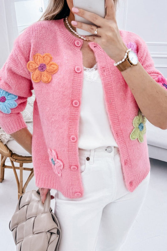 Pink Knitted Floral Pattern Button Up Cardigan