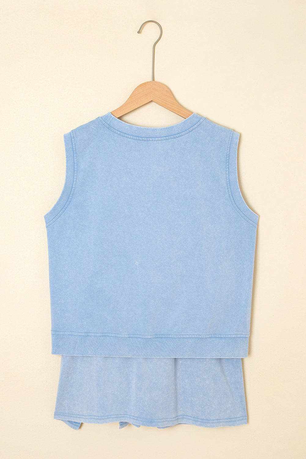 2 Pieces Mineral Wash Cotton Tank Top Lined Split Skirt Set - Blue