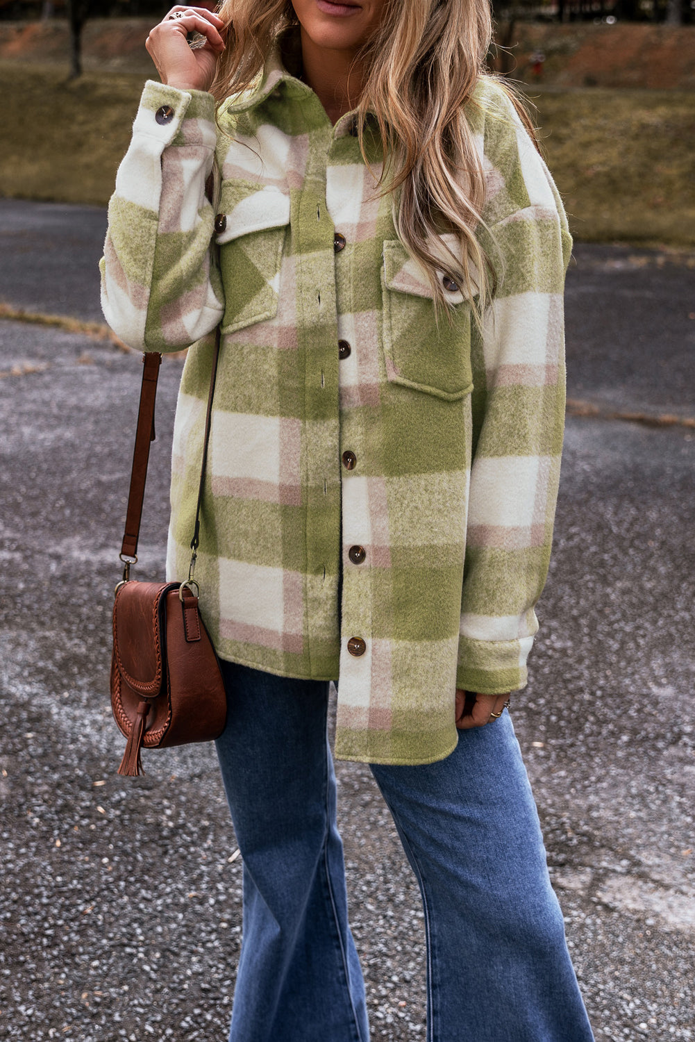 Sage Green Plaid Print Buttoned Flap Pockets Oversized Shacket
