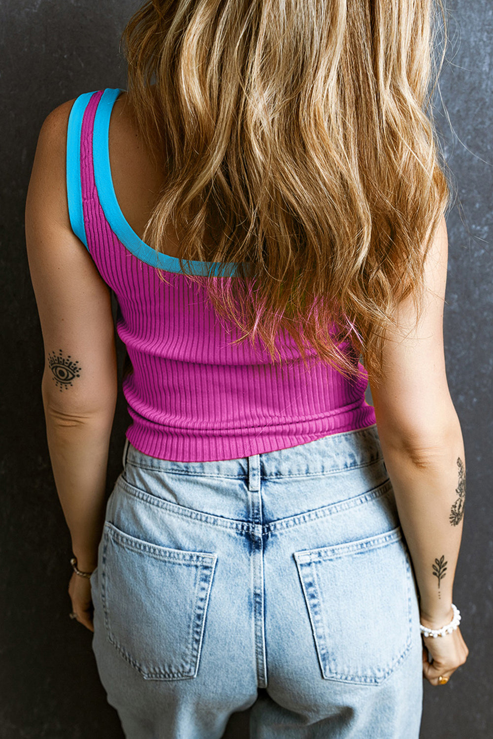 Bright Pink Colorblock Edge Ribbed Knit Tank Top