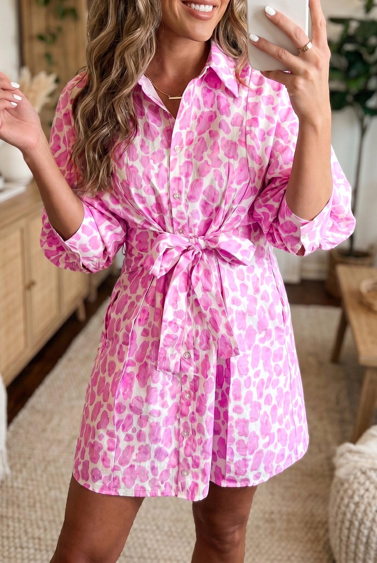 Pretty in Pink Leopard Tie-Waist Shirt Dress