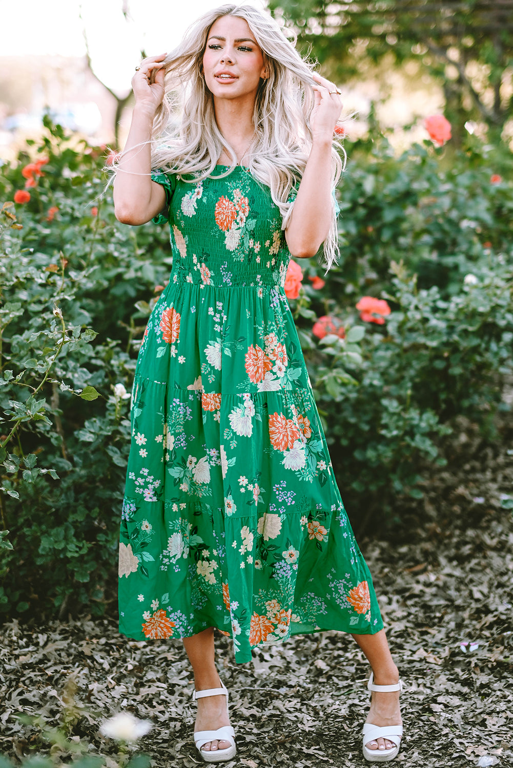 Emerald Bloom Smocked Midi Dress