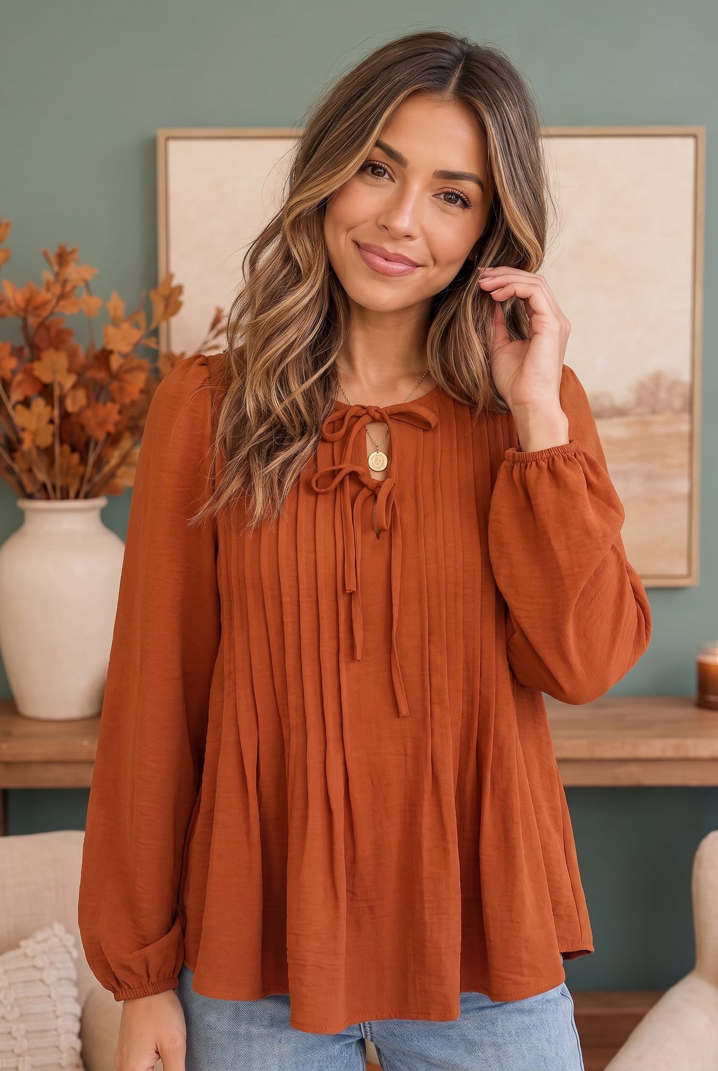 Sipping Apple Cider Tie Neck Blouse
