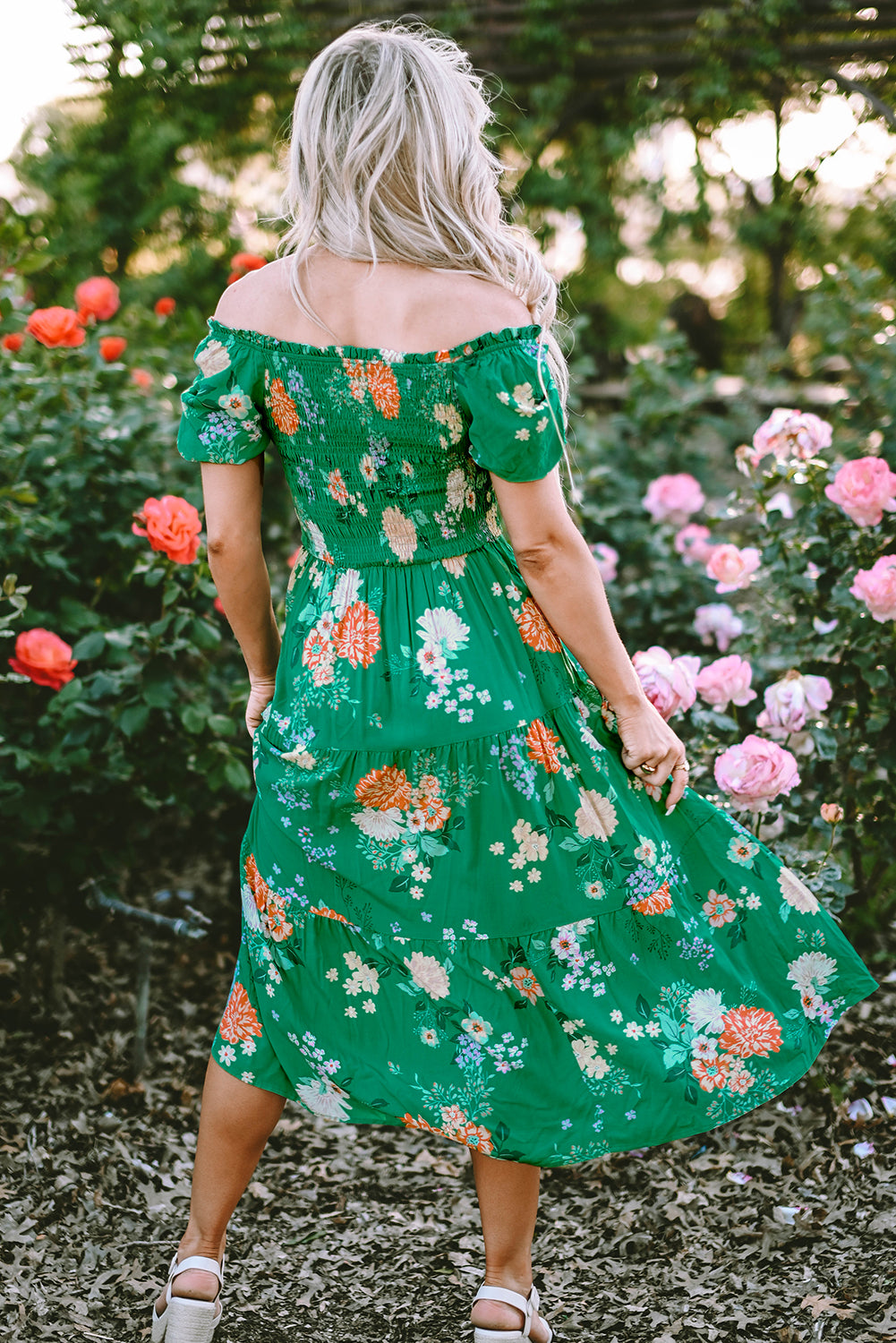 Emerald Bloom Smocked Midi Dress