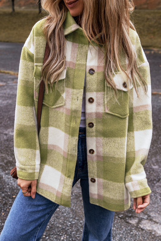 Sage Green Plaid Print Buttoned Flap Pockets Oversized Shacket