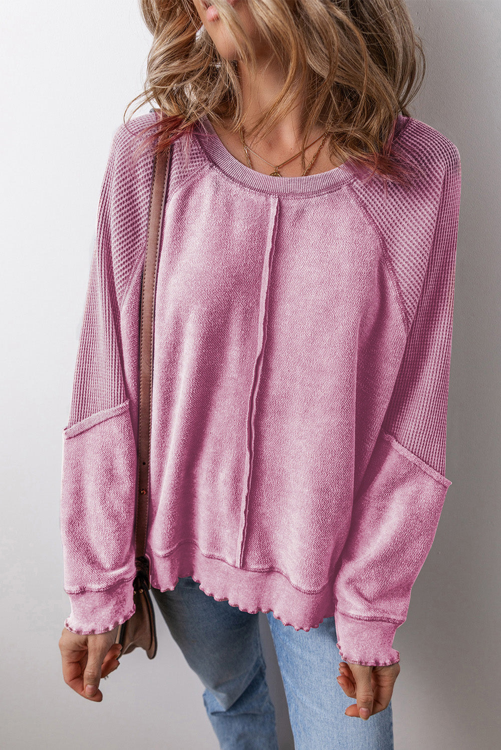 Waffle Knit Patchwork Exposed Seam Raglan Top