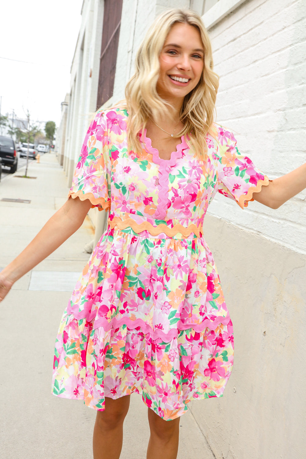 Beautiful You Rose Floral Print Ric Rack Trim Babydoll Dress