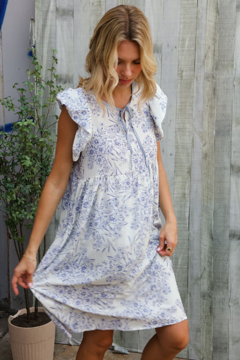 Vintage Vibes Dusty Blue Folded Ruffle Short Sleeve Babydoll Dress