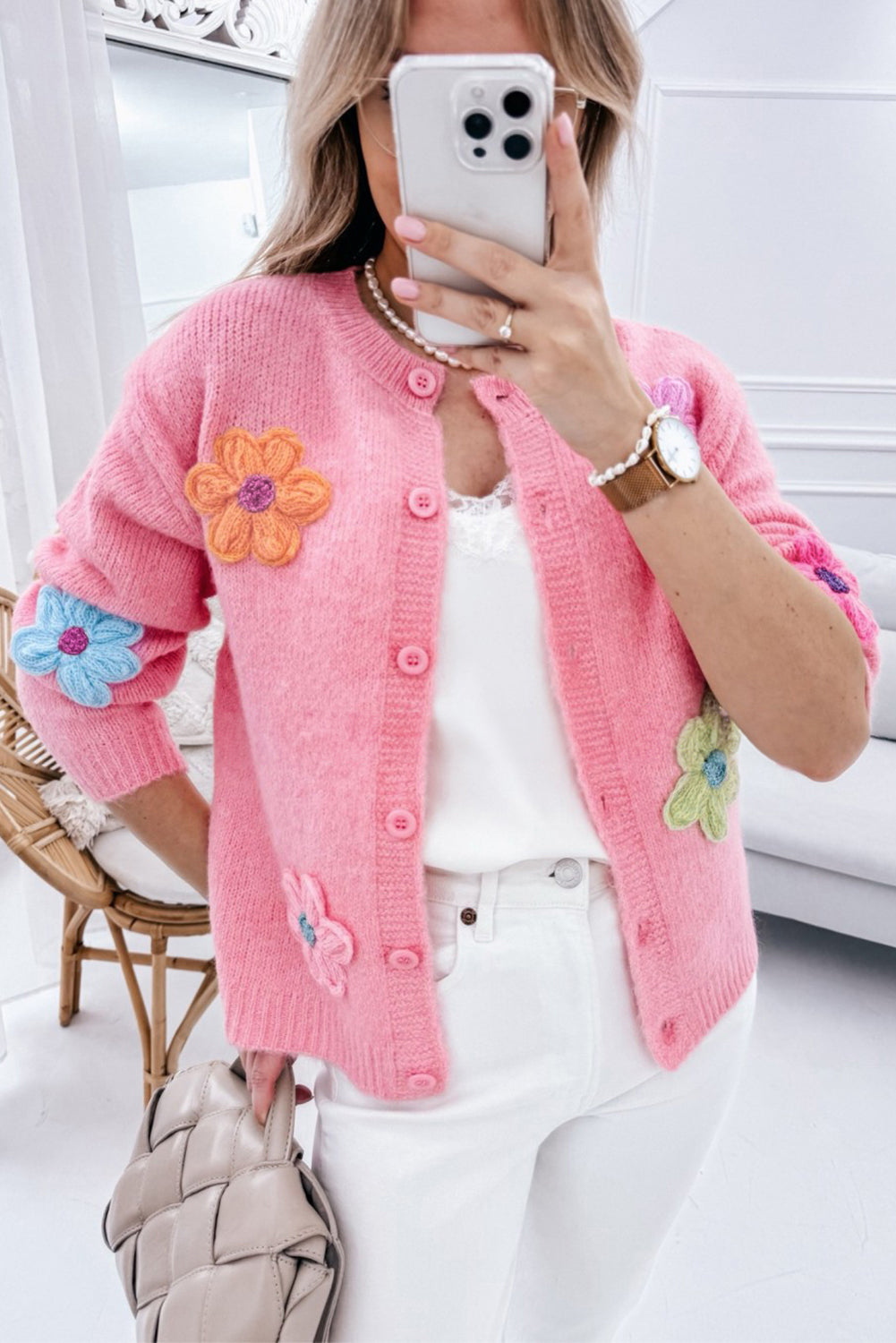 Pink Knitted Floral Pattern Button Up Cardigan