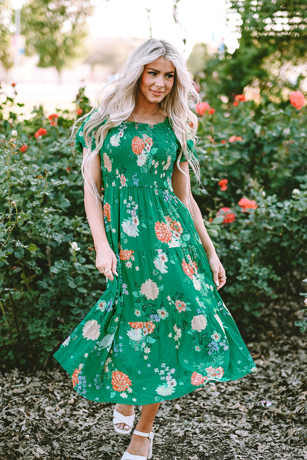 Emerald Bloom Smocked Midi Dress