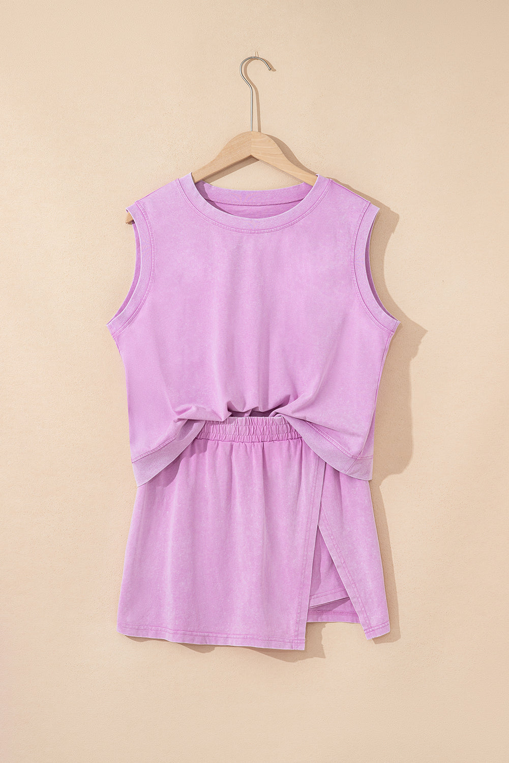 2 Piece Mineral Wash Cotton Tank Top Lined Split Skirt Set - Pink