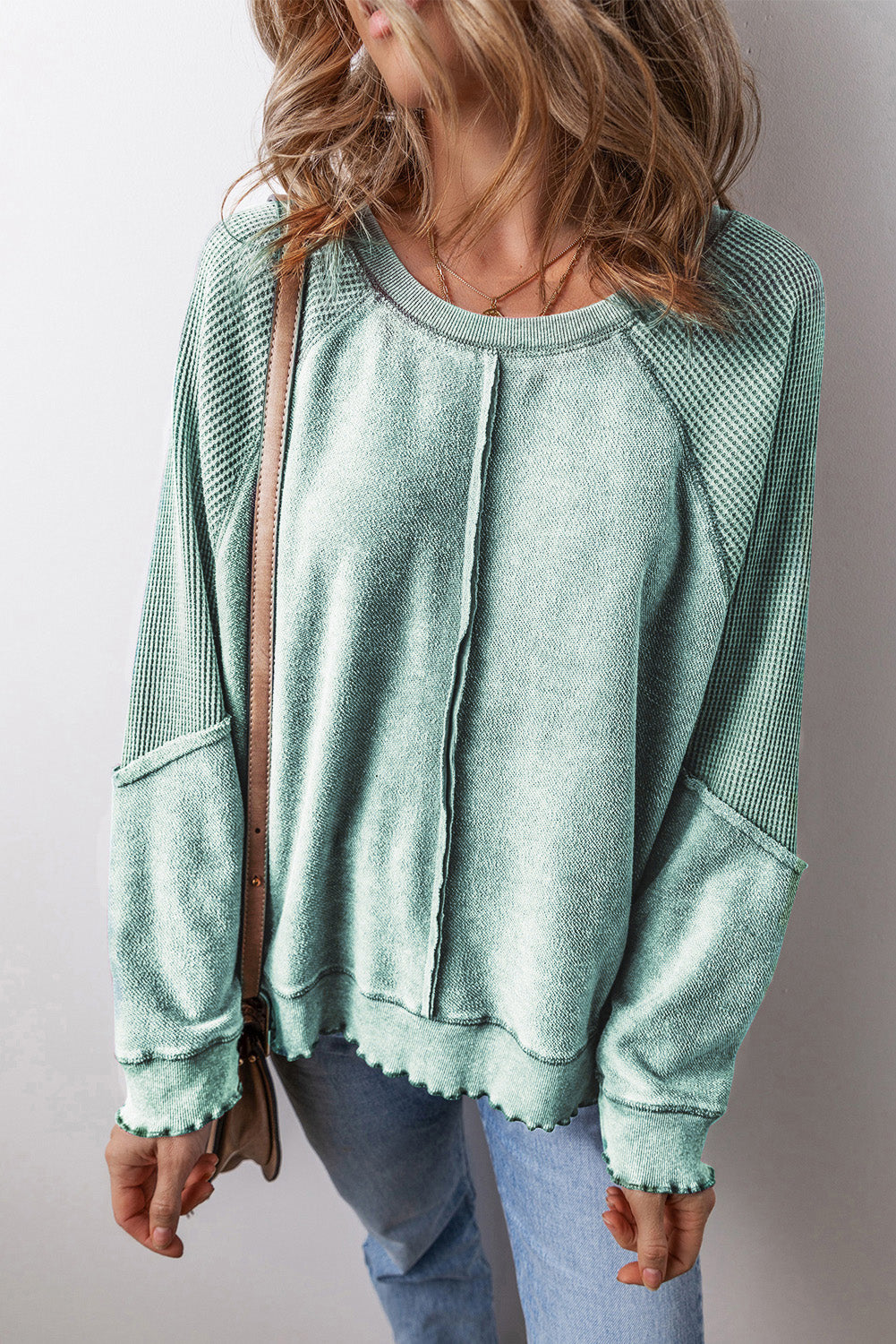 Waffle Knit Patchwork Exposed Seam Raglan Top