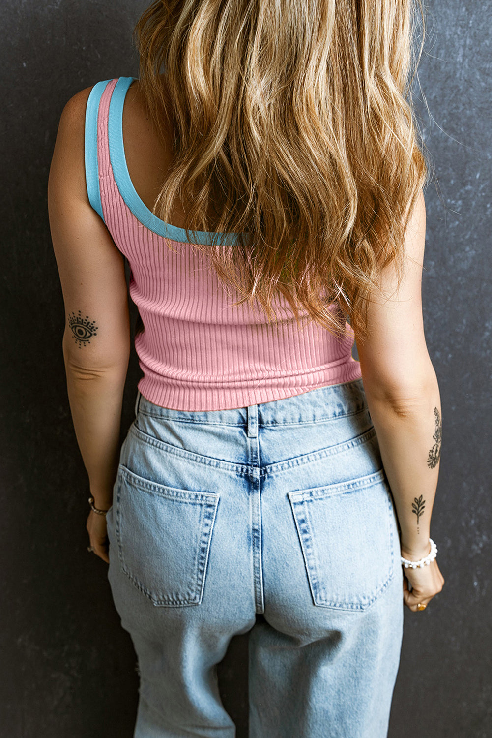 Bright Pink Colorblock Edge Ribbed Knit Tank Top