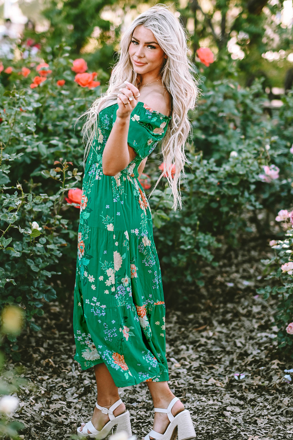 Emerald Bloom Smocked Midi Dress