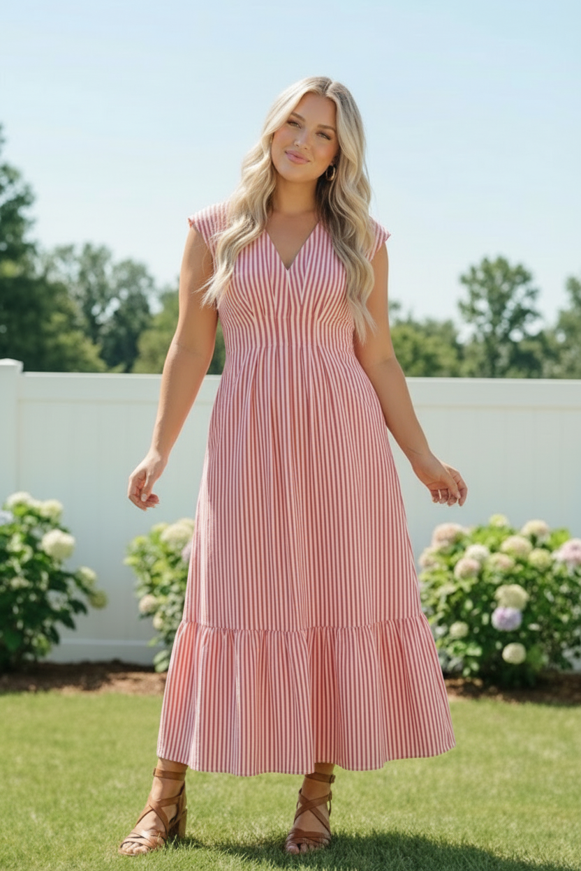 Sweet Stripe Tiered Maxi Dress in Red