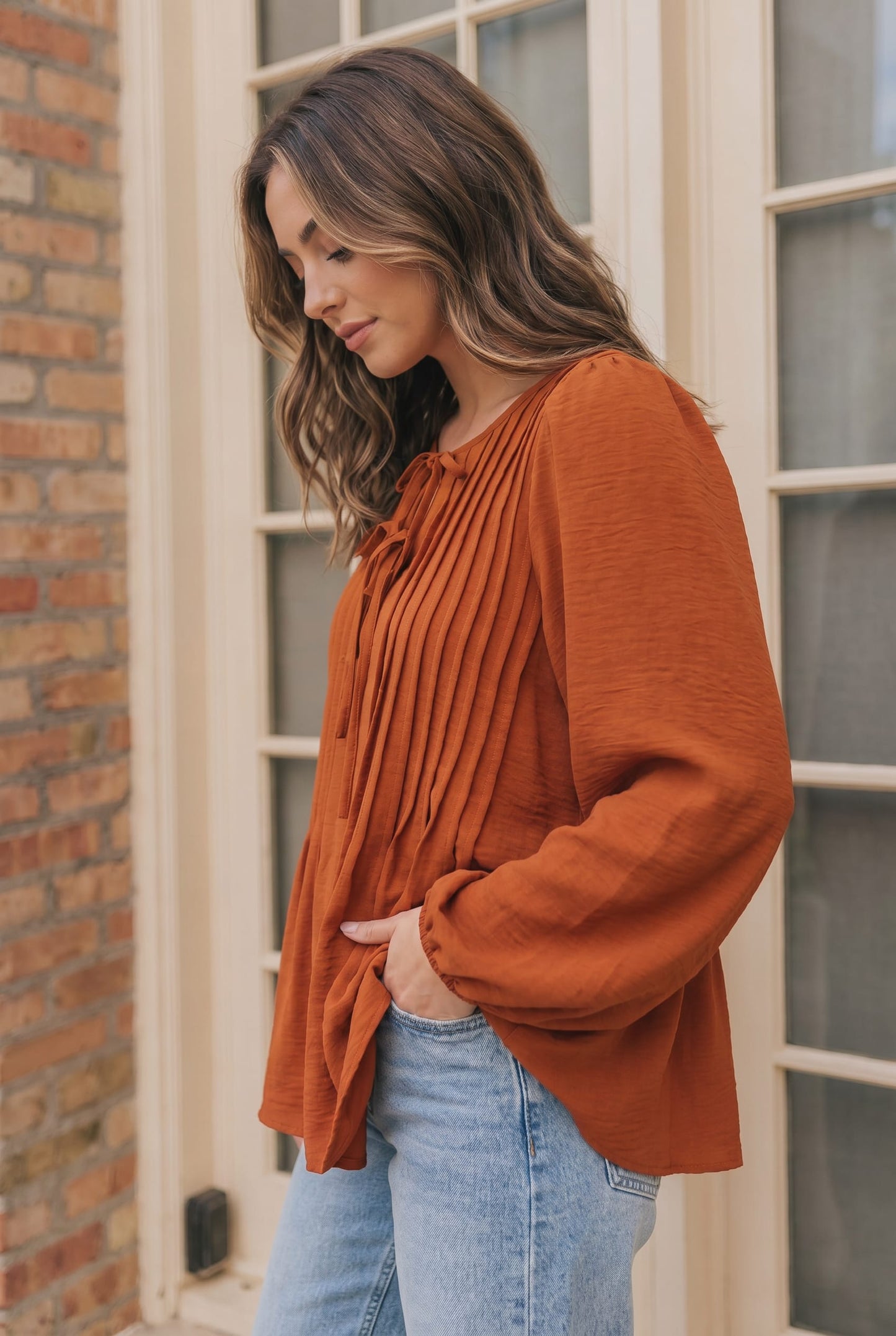 Sipping Apple Cider Tie Neck Blouse