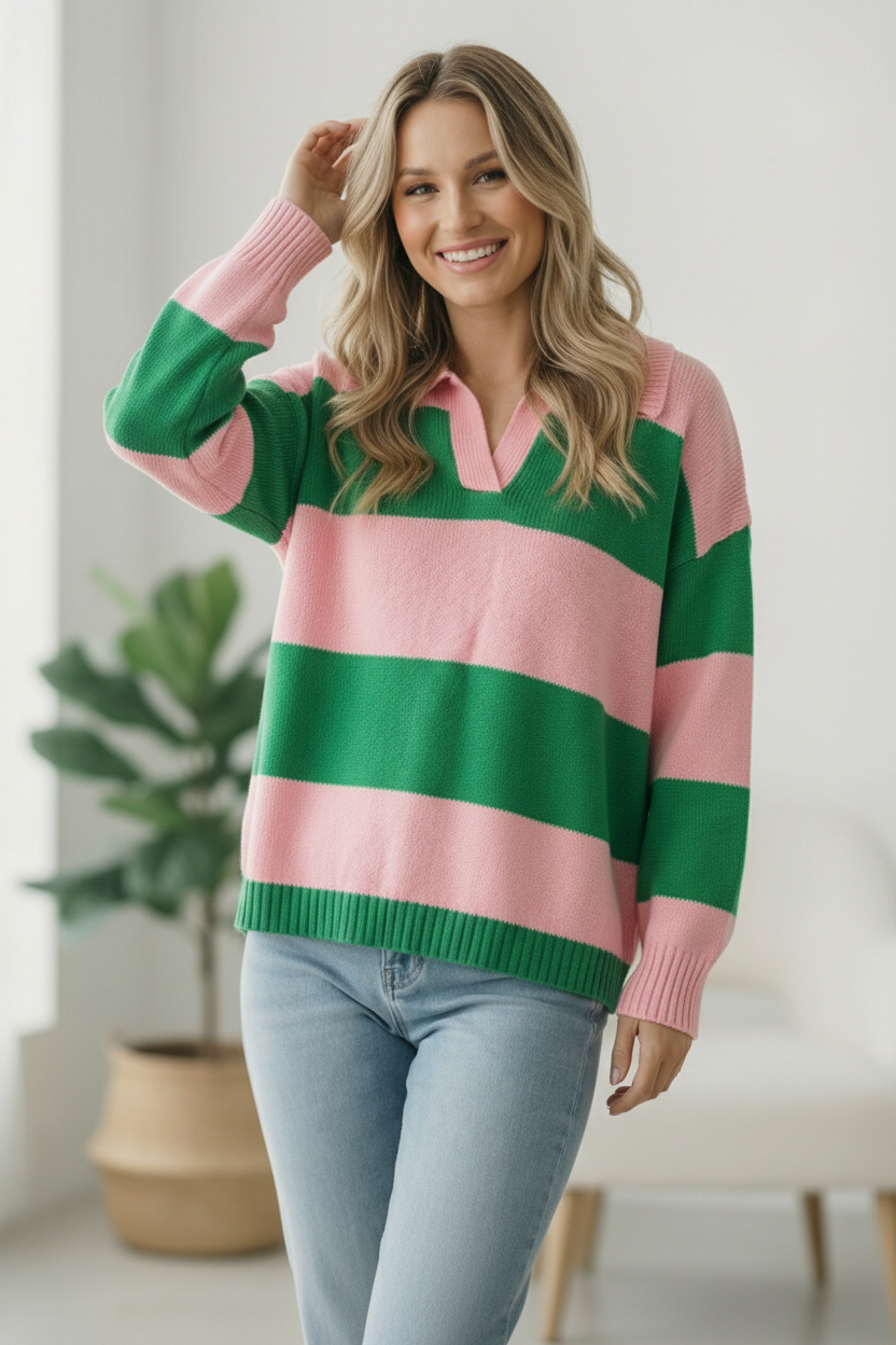 I'll Be On The Sidelines Green and Pink Sweater