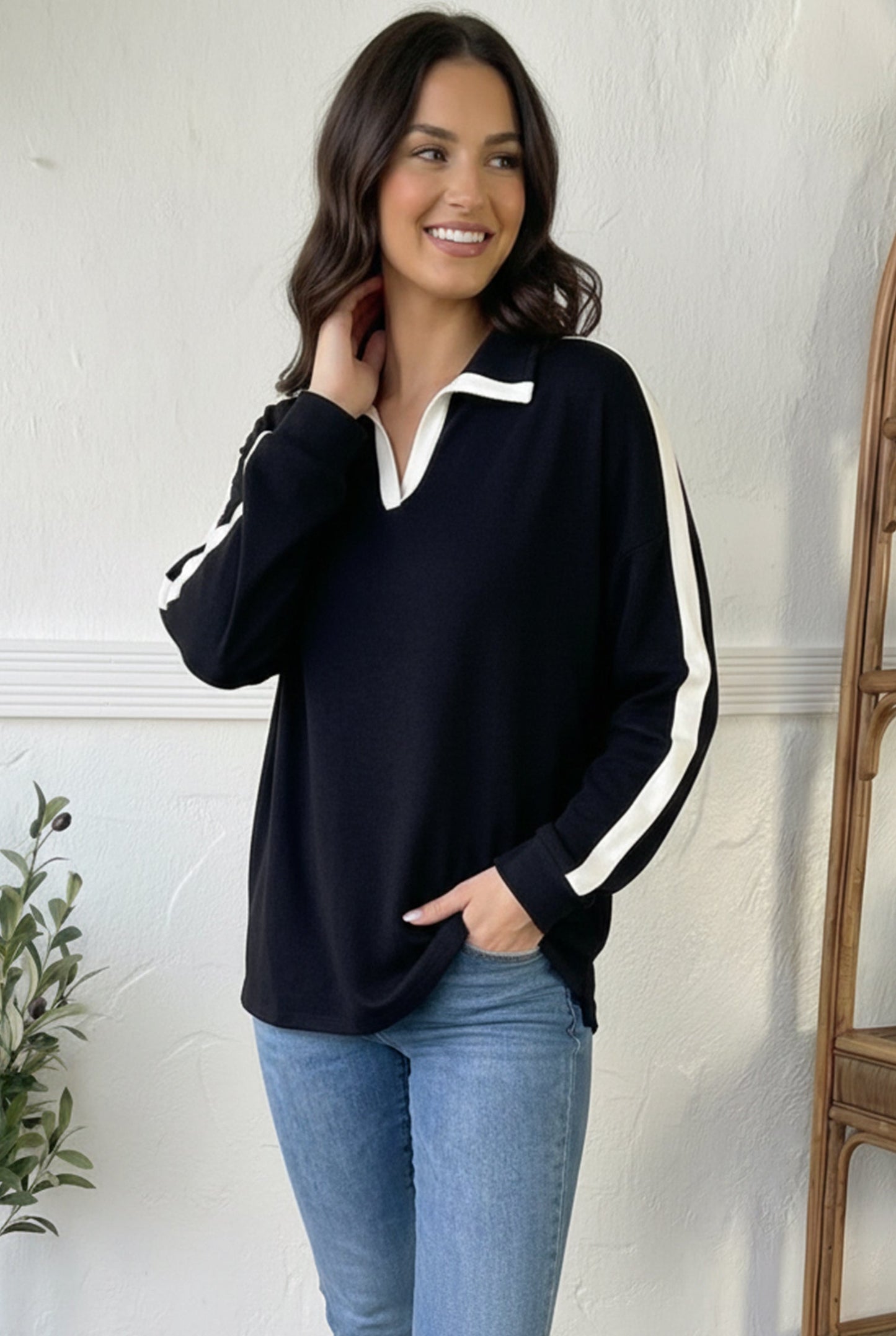 Varsity Vibes Notched Collar Black Top