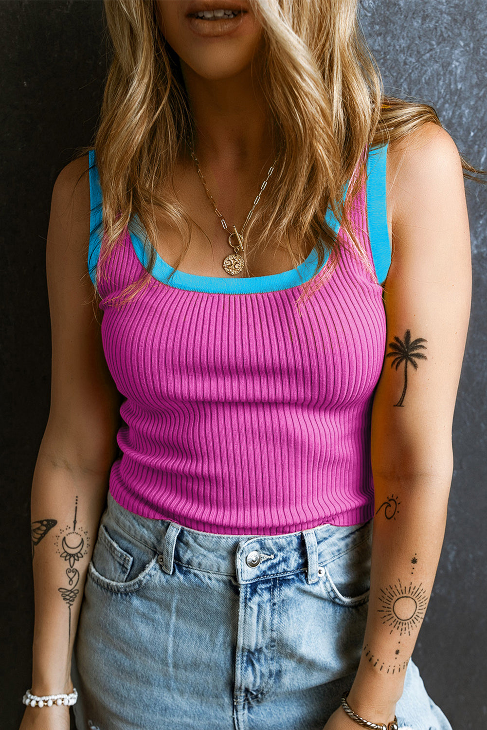 Bright Pink Colorblock Edge Ribbed Knit Tank Top