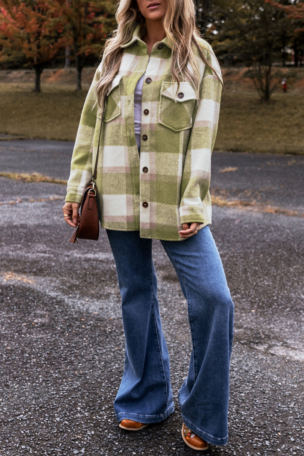 Sage Green Plaid Print Buttoned Flap Pockets Oversized Shacket