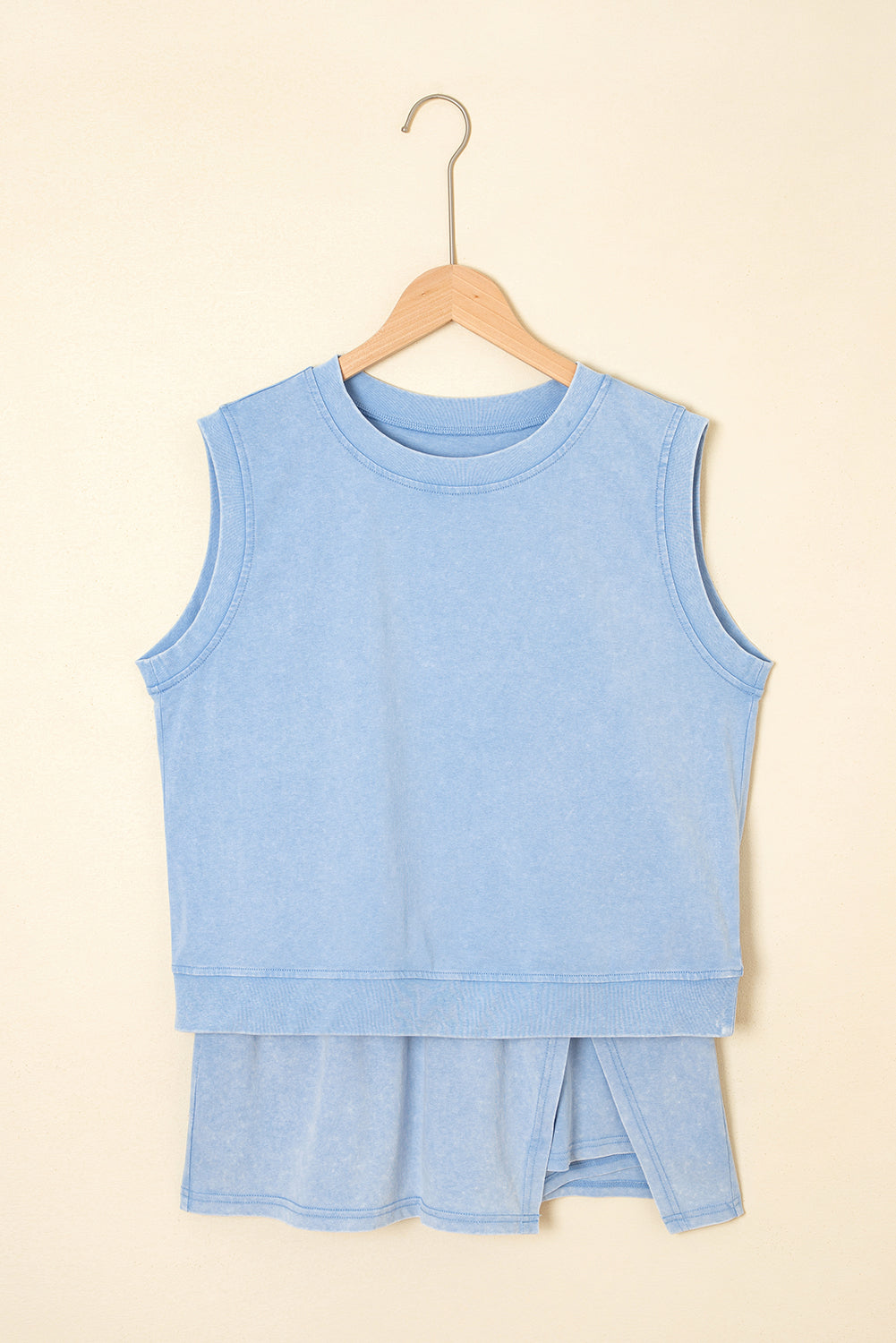 2 Pieces Mineral Wash Cotton Tank Top Lined Split Skirt Set - Blue