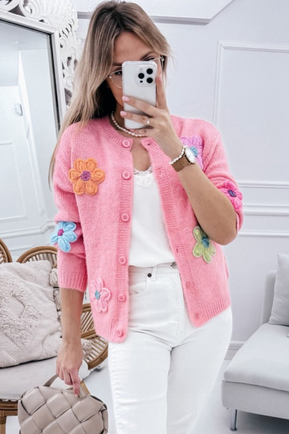 Pink Knitted Floral Pattern Button Up Cardigan