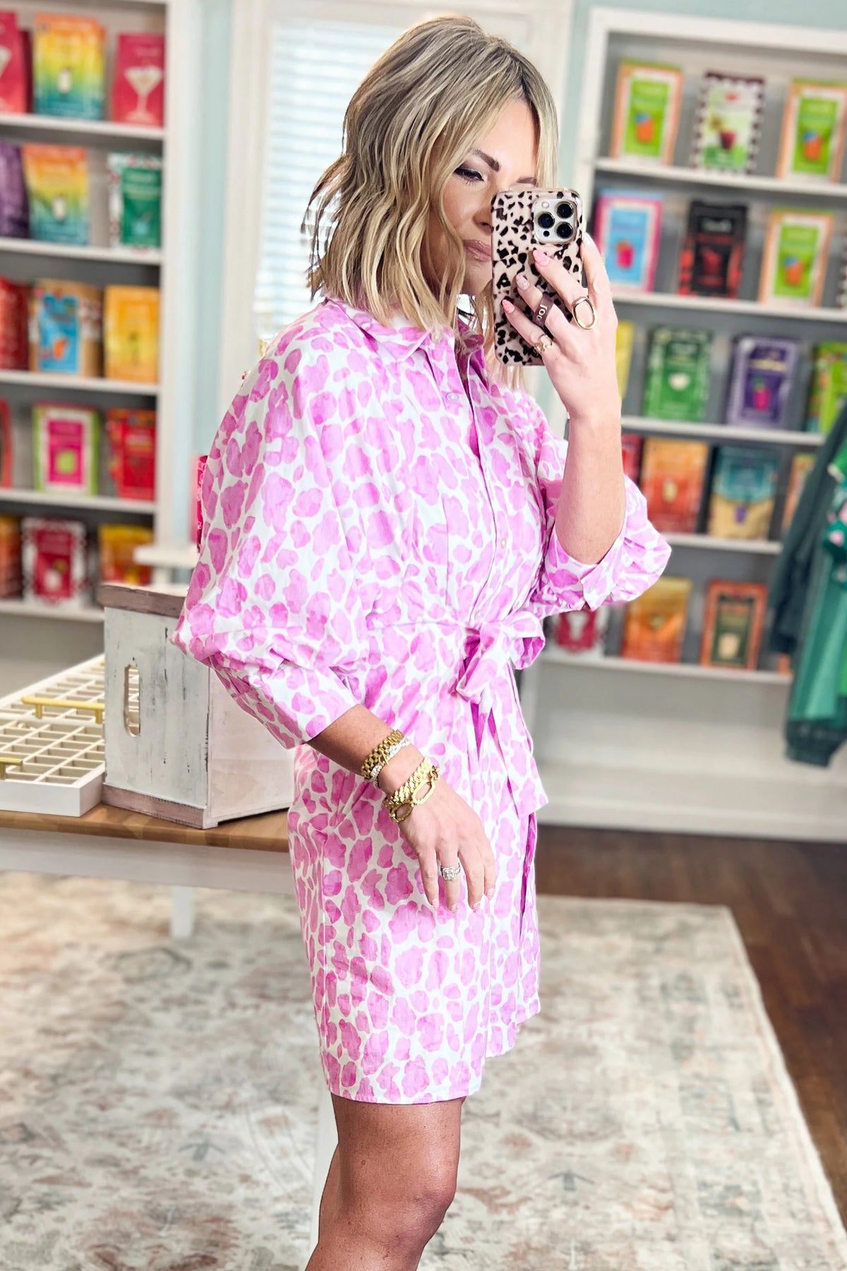 Pretty in Pink Leopard Tie-Waist Shirt Dress