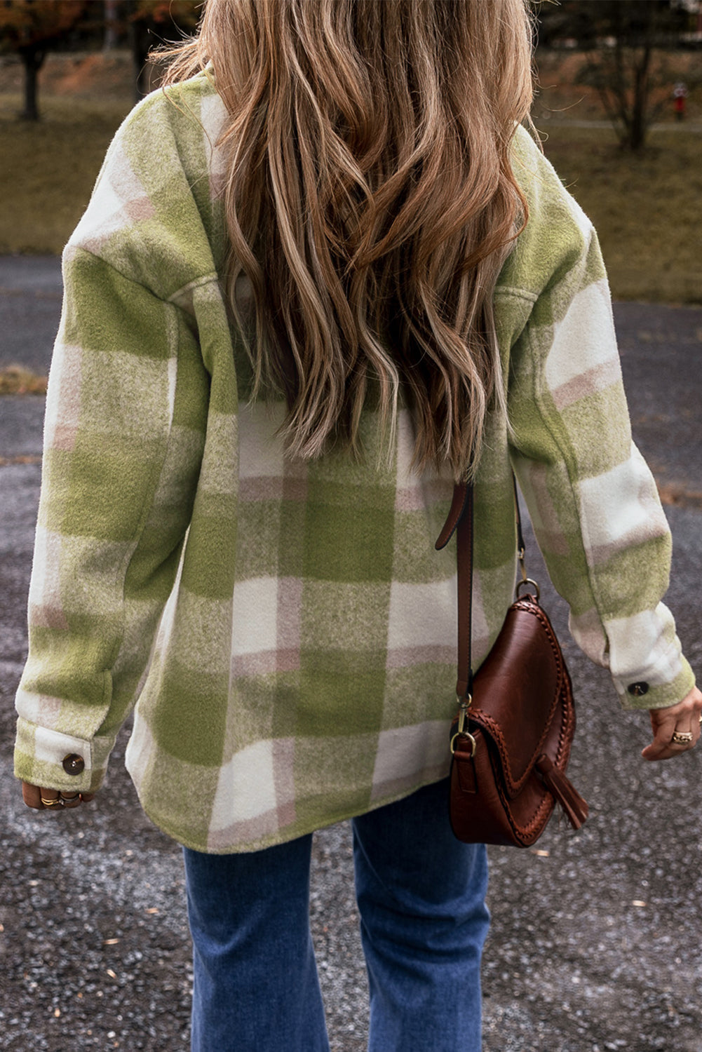 Sage Green Plaid Print Buttoned Flap Pockets Oversized Shacket
