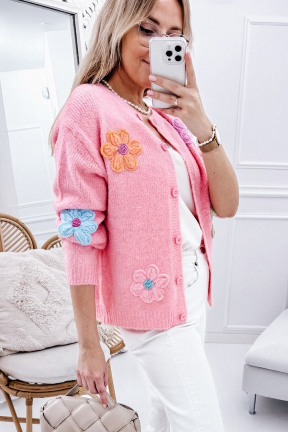 Pink Knitted Floral Pattern Button Up Cardigan