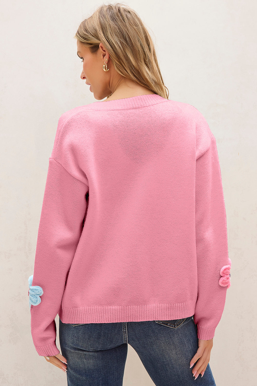 Pink Knitted Floral Pattern Button Up Cardigan