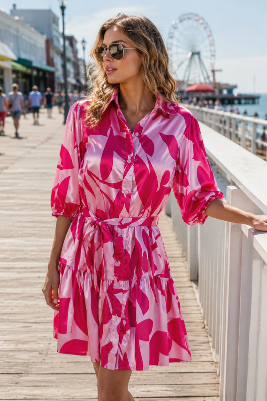 Sunset Stroll Satin Shirt Dress