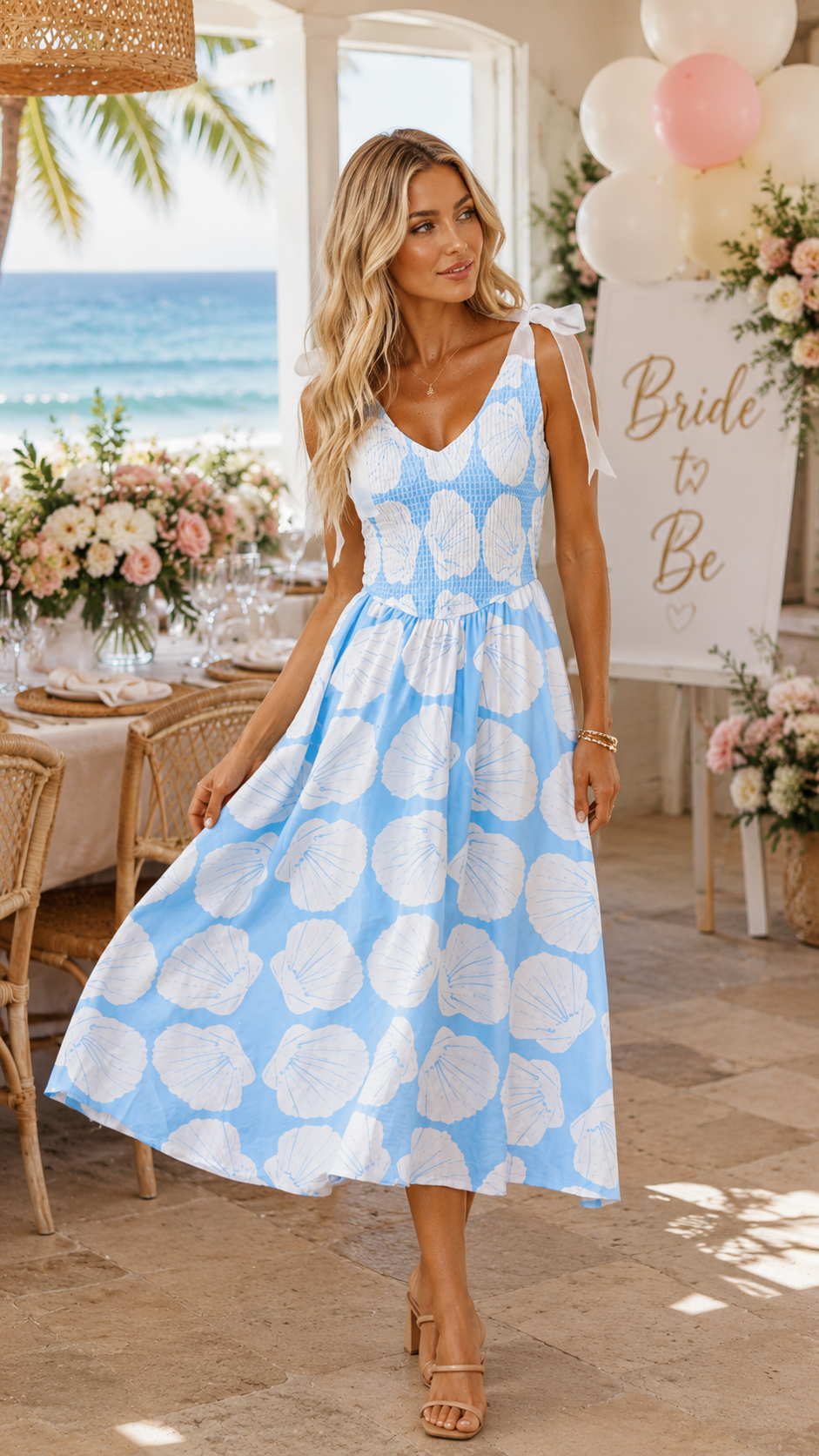Coastal Seashell Tie-Shoulder Midi Dress